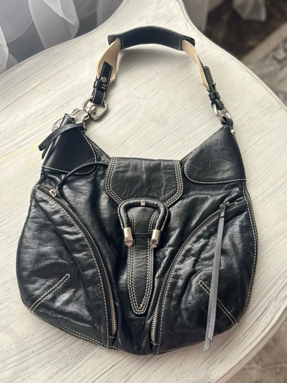 Francesco Biasia Black Leather Hobo Shoulder Bag Silver Hardware